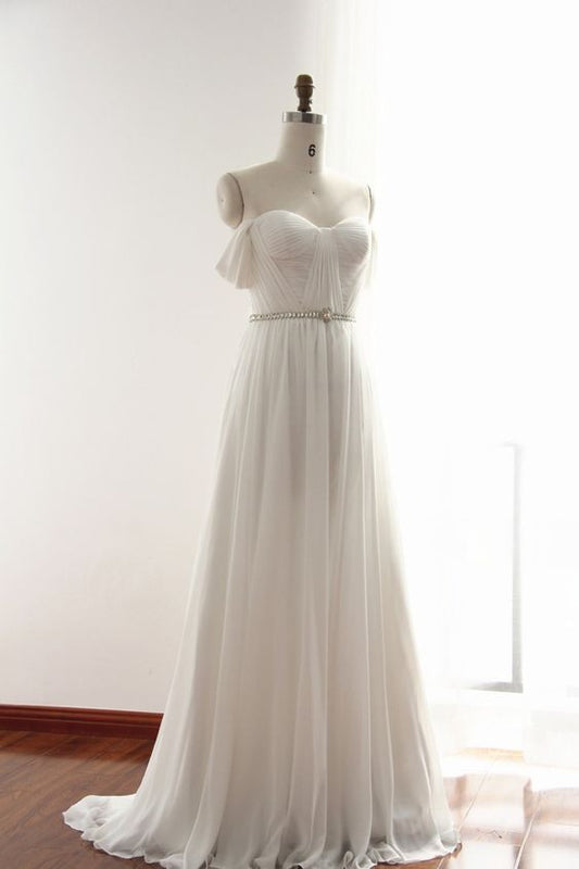 White sweetheart neck chiffon long prom dress, white bridesmaid dress
