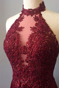 burgundy lace high neck long prom dress, burgundy evening dress
