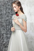 Gray round neck tulle long prom dress, gray evening dress