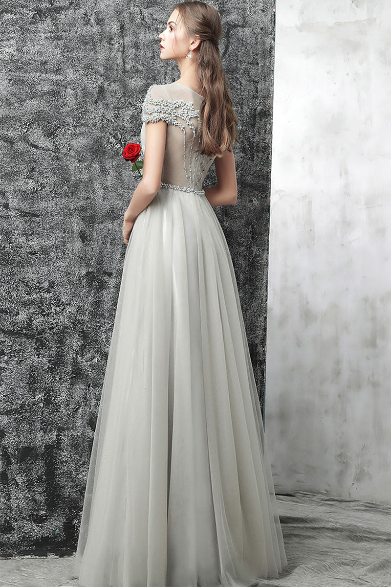 Gray round neck tulle long prom dress, gray evening dress