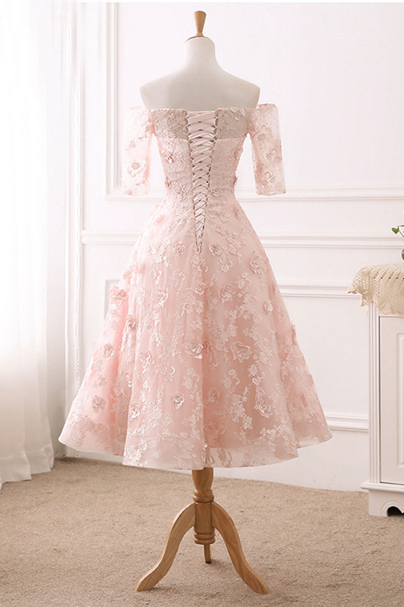 Pink lace tulle tea length prom dress, lace evening dress