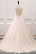 Champagne tulle lace long prom dress, evening dress