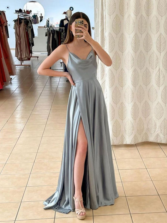 Simple Gray A line satin long prom dress gray long formal dress