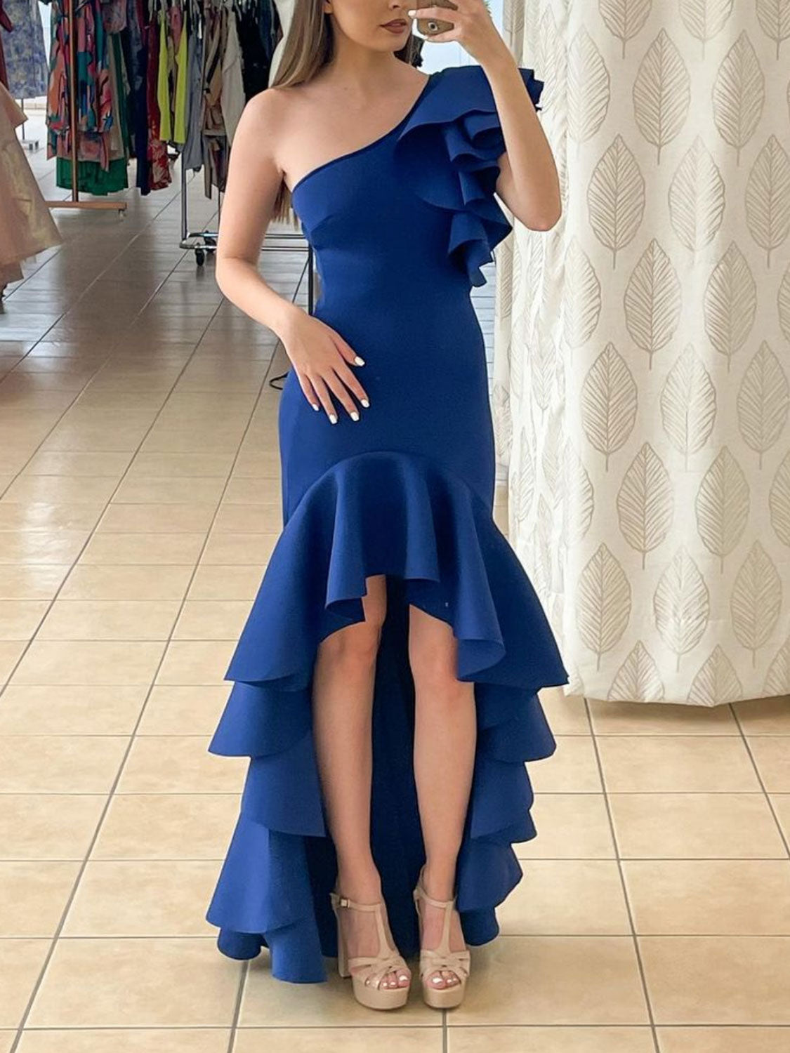 Royal blue satin one shoulder long prom dress blue cocktail dress