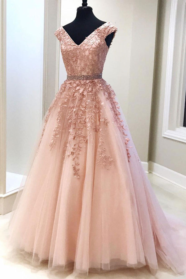 Pink v neck tulle lace long prom dress, pink evening dress