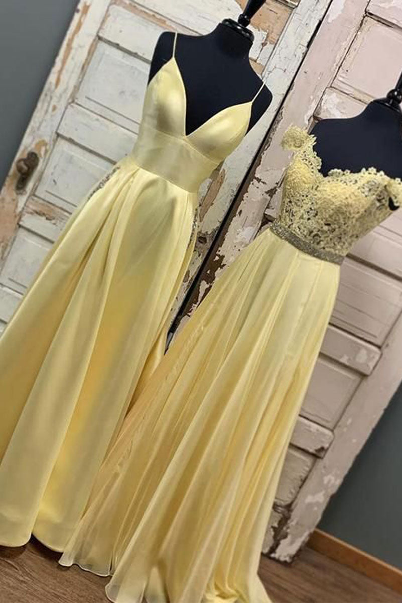 Yellow A-line long prom dress yellow lace evening dress dresstby Yellow A-line long prom dress yellow lace evening dress dresstby