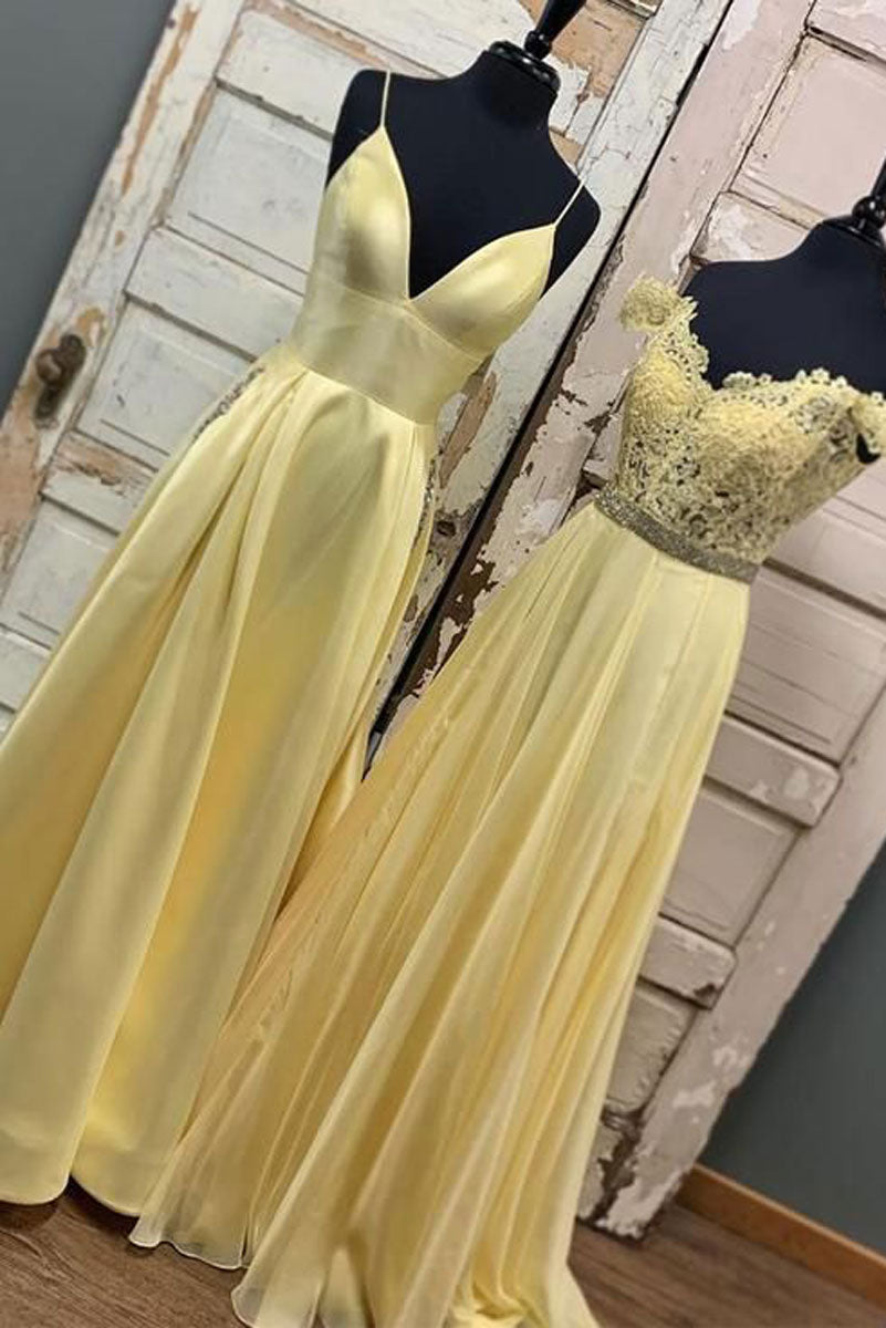 Yellow A-line long prom dress yellow lace evening dress