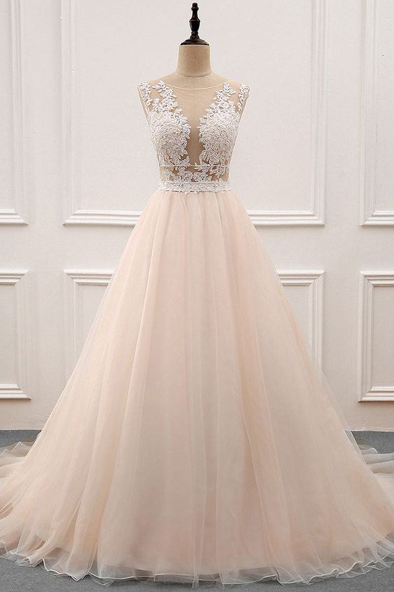Champagne tulle lace long prom dress, evening dress