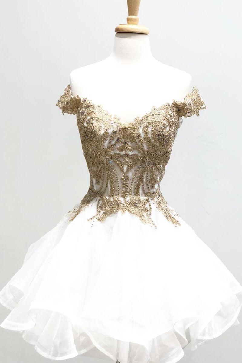 White and Gold Short Prom Dress