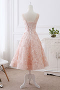 Pink lace round neck tea length prom dress, lace evening dress