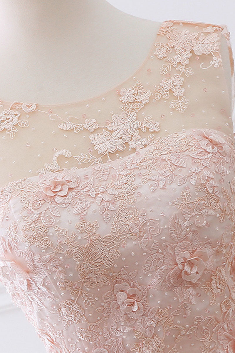 Pink lace round neck tea length prom dress, lace evening dress