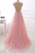 Pink v neck tulle long prom dress, pink evening dress