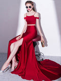 Simple two pieces satin burgundy long prom dress, burgundy party dress