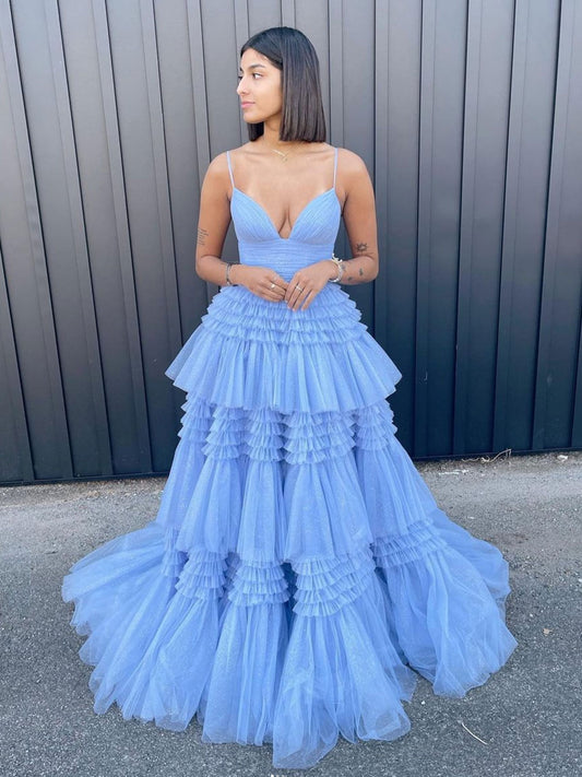 Blue V Neck Tulle Long Prom Dress, Blue Tulle Formal Evening Dress