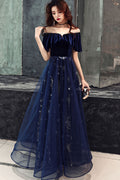 Blue tulle lace long prom dress, blue tulle evening dress