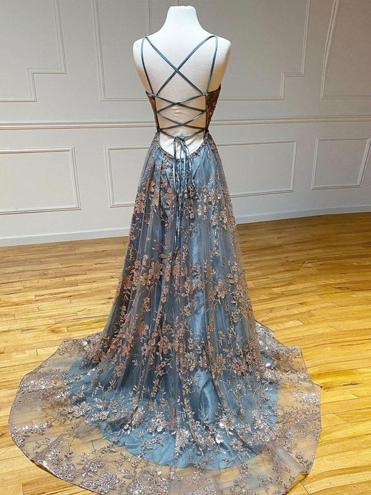 Unique v neck tulle sequin long prom dress, tulle evening dress