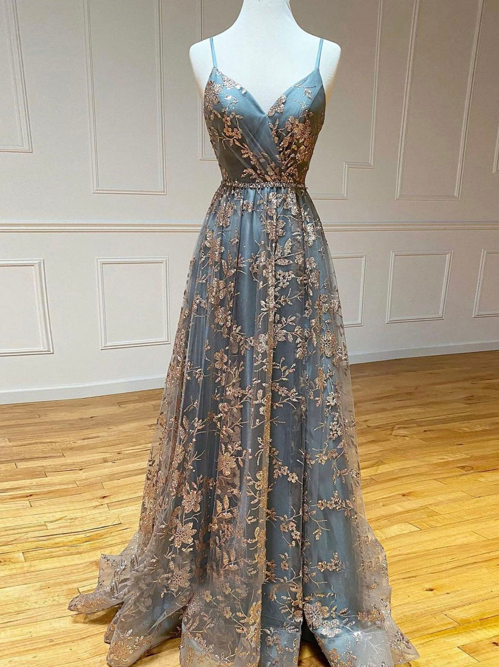Unique v neck tulle sequin long prom dress, tulle evening dress