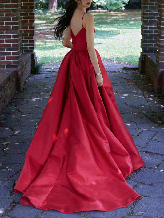 Simple red v neck satin long prom dress, red evening dress