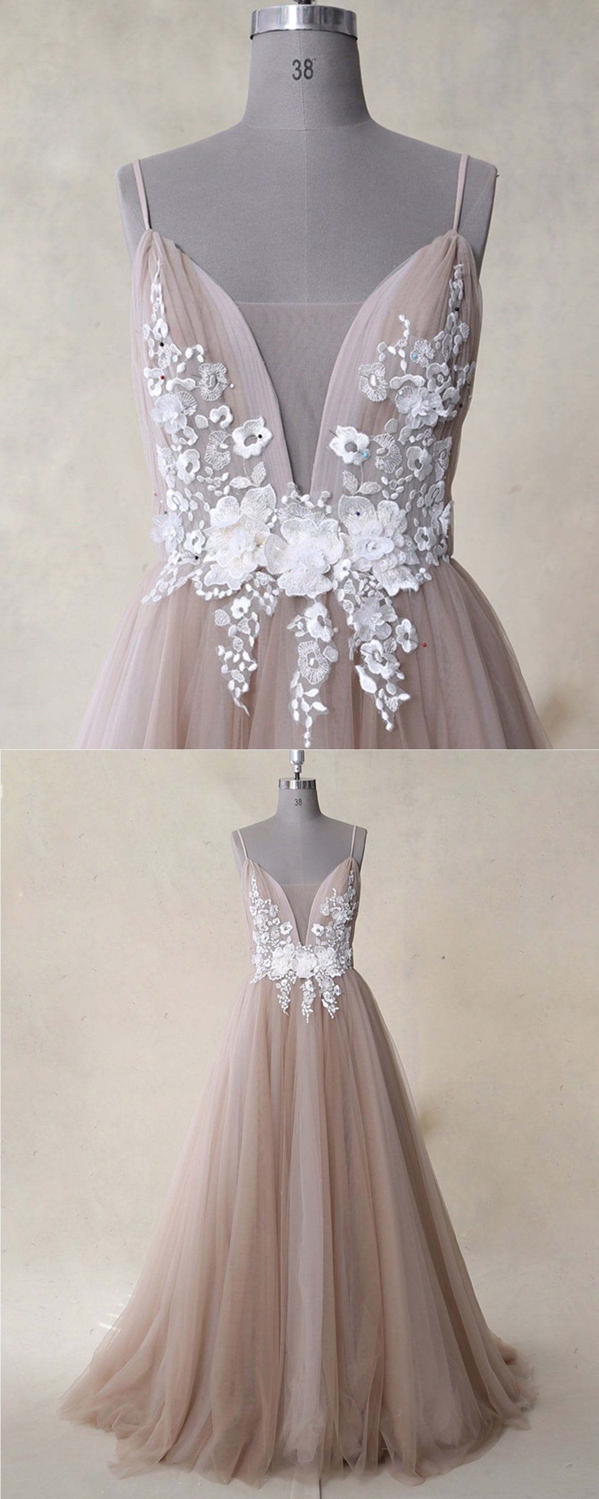 Champagne v neck tulle lace long prom dress tulle lace evening dress