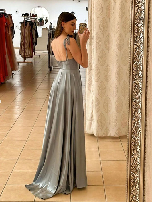 Simple Gray A line satin long prom dress gray long formal dress
