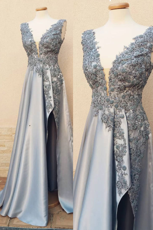 Gray v neck lace short prom dress, gray evening dress