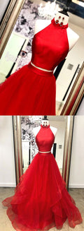 Red two pieces tulle long prom dress red long evening dress