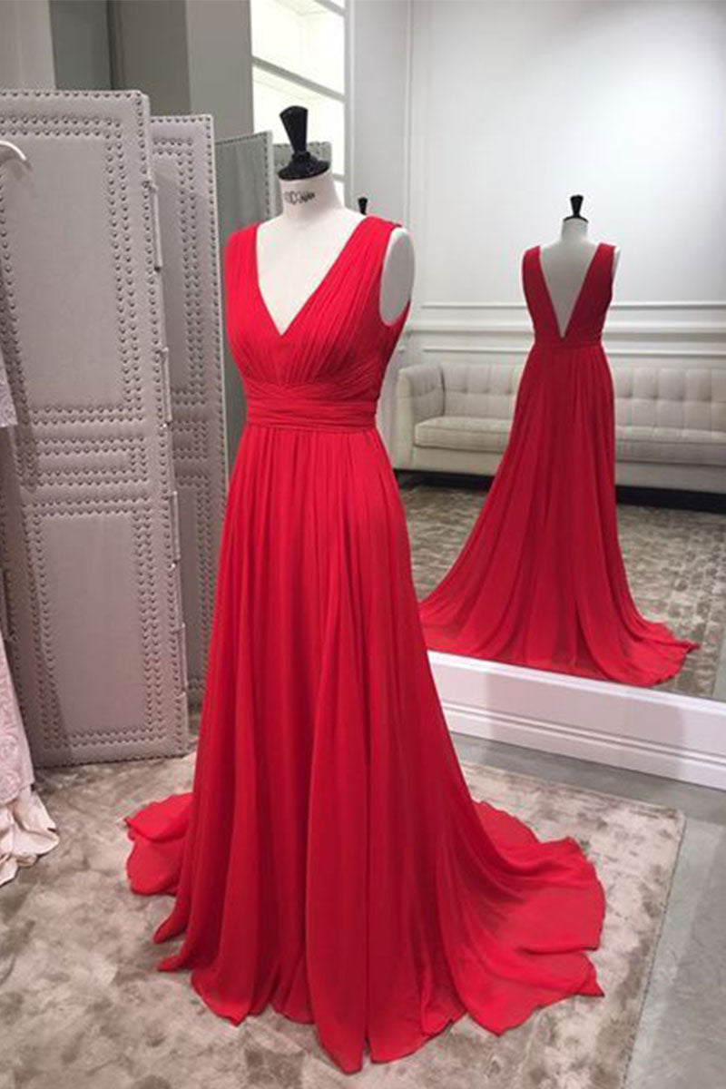 Simple red v neck chiffon long prom dress, red evening dress – dresstby