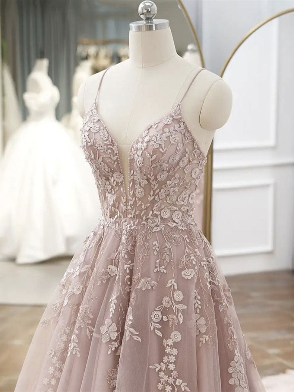 A Line Pink Lace Long Prom Dresses Wedding Dresses, Lace Pink