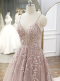 A-Line Pink Tulle Lace Long Prom Dresses, Pink Lace Formal Dresses