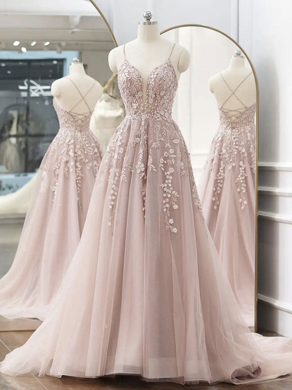 A-Line Pink Tulle Lace Long Prom Dresses, Pink Lace Formal Dresses