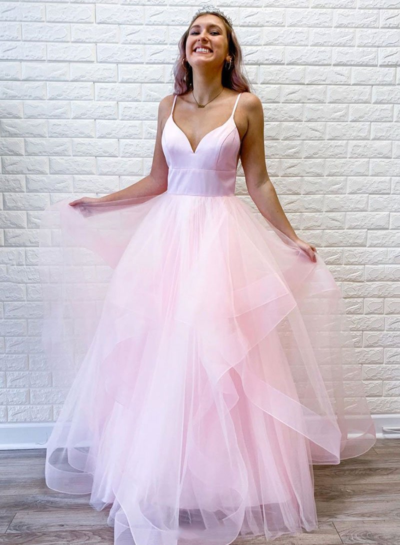 Pink tulle long prom dress tulle formal dress