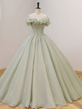 Green A-Line Long Prom Dress, Green Tulle Sweet 16 Dress with Beading Sequin