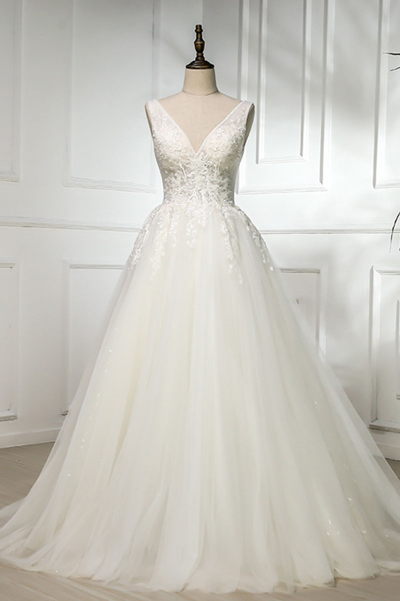White v neck lace tulle long prom dress, wedding dress