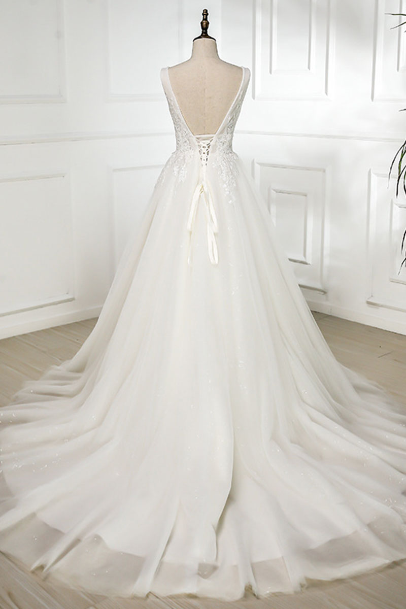 White v neck lace tulle long prom dress, wedding dress