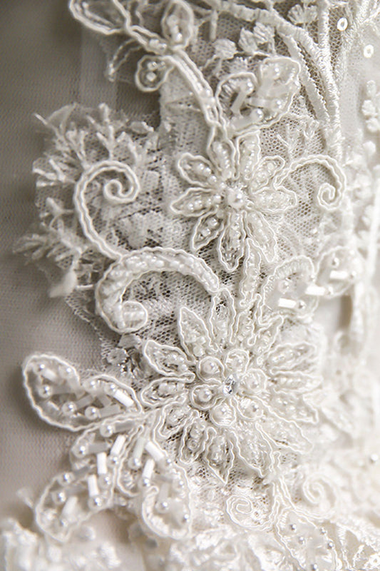 White v neck lace tulle long prom dress, wedding dress