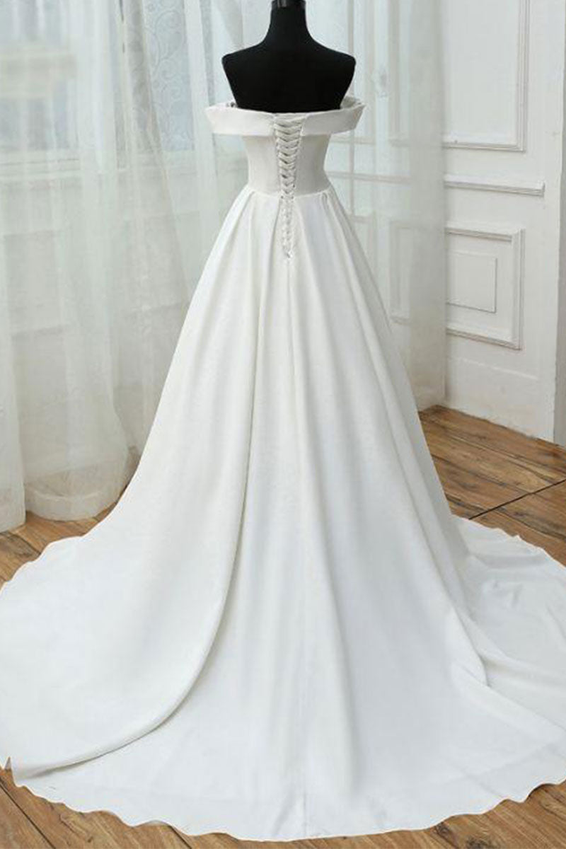 Simple white satin long prom dress, white evening dress