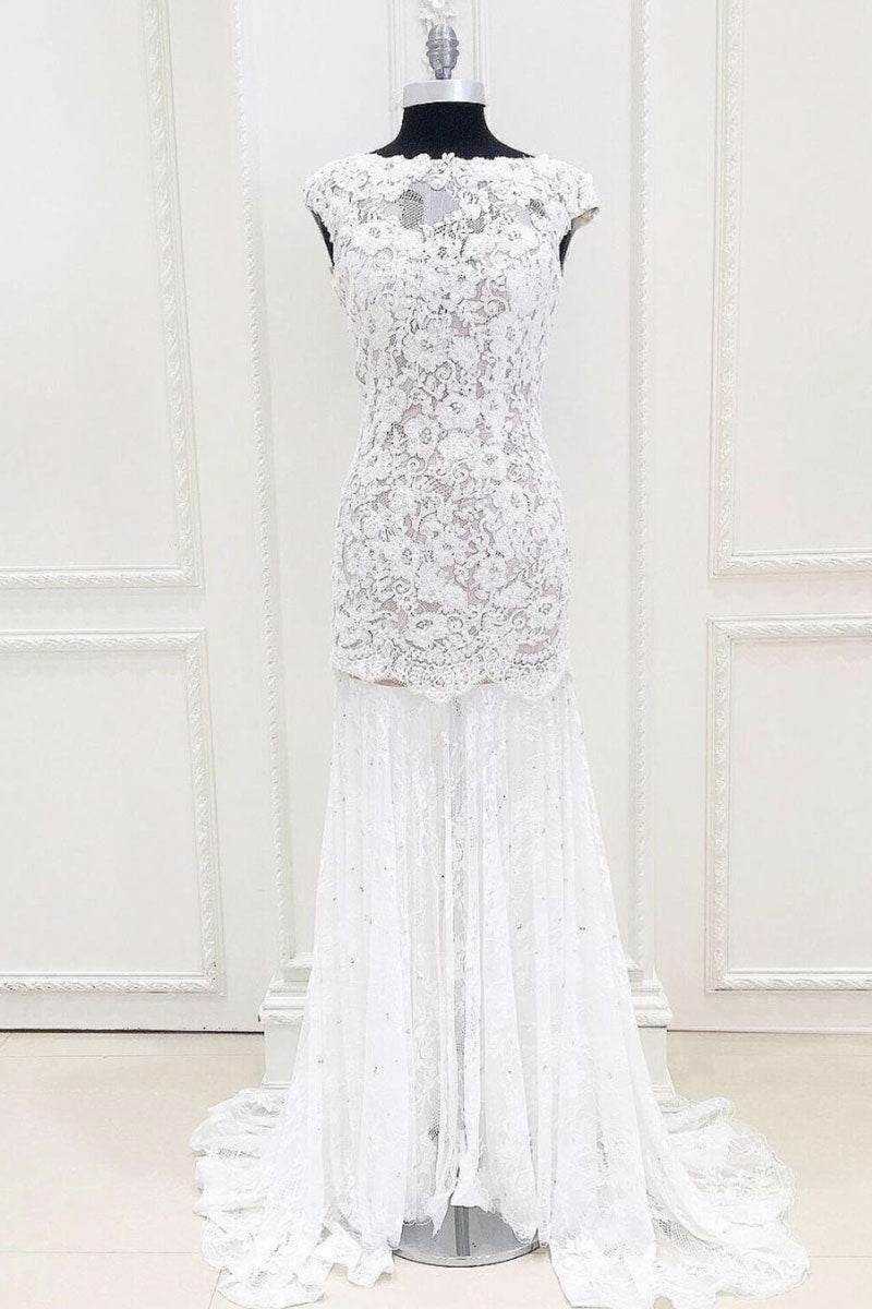White mermaid lace long prom dress, white evening dress